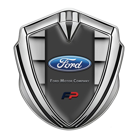 Ford Selbstklebendes Metallaufkleber Emblem Silbertonfarbe mit Shutter Effekt Hintergrund und FP Logo Motiv