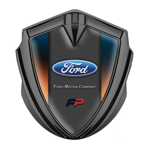 Ford FP Abzeichen selbstklebend Graphit Tonfarbe mit Schillerndes Orangeblau Hintergrund und Craphit Logo Panel