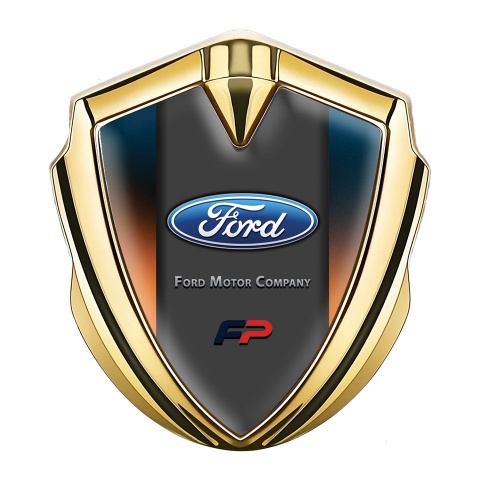 Ford FP Abzeichen selbstklebend Goldtonfarbe mit Schillerndes Orangeblau Hintergrund und Craphit Logo Panel