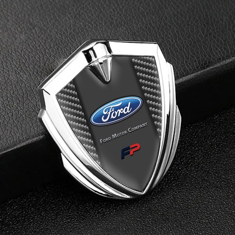 Ford FP Emblem Abzeichen Silbertonfarbe mit Dunkel Carbon Basis Version