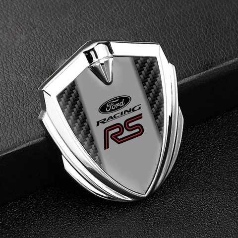 Ford RS Selbstklebendes Metallaufkleber Emblem Silbertonfarbe mit Schwarz Carbon und Racing Logo