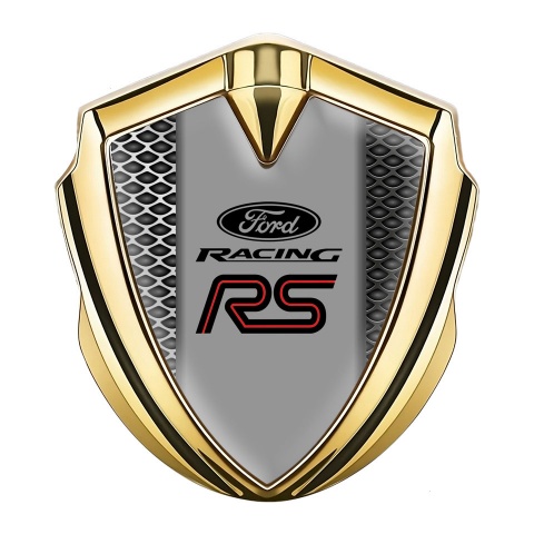 Ford RS Seitenflugel Emblem Aufkleber Goldtonfarbe mit Stahlgeflecht Design und Graues Panel mitte