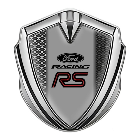 Ford RS Seitenflugel Emblem Aufkleber Silbertonfarbe mit Stahlgeflecht Design und Graues Panel mitte