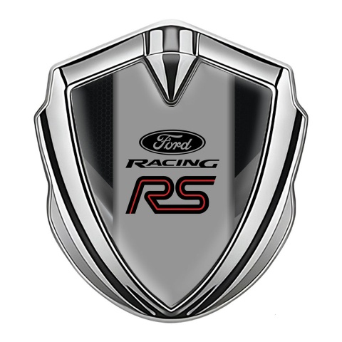 Ford RS Emblem Abzeichen Silbertonfarbe mit Schwarzgraue Fragmente Und Racing Logo