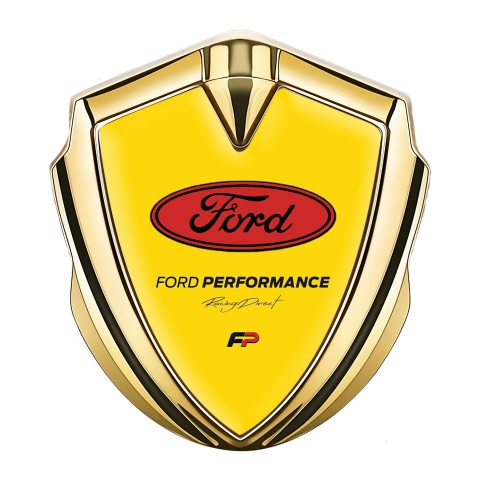 Ford Emblem Car Badge Gold Yellow Background Performance Design