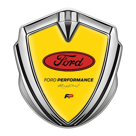 Ford Emblem Car Badge Silver Yellow Background Performance Design
