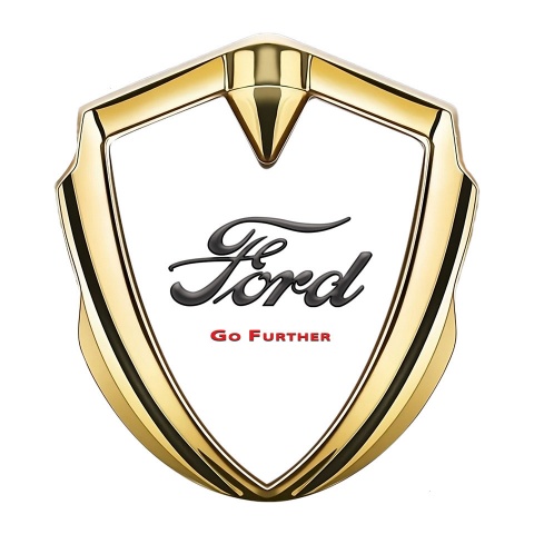 Ford Emblem Logo Schriftzug Aufkleber mit Goldtonfarbe Weiss Hintergrund und Go Further Logo Design