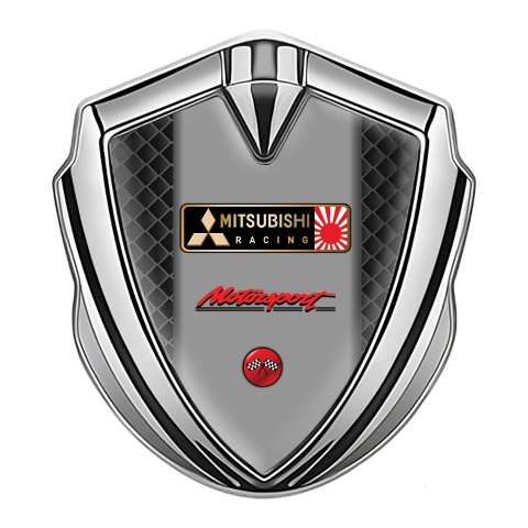 Mitsubishi Emblem Logo Schriftzug Aufkleber Silbertonfarbe mit Dunkles Gitter Racing Logo Motiv