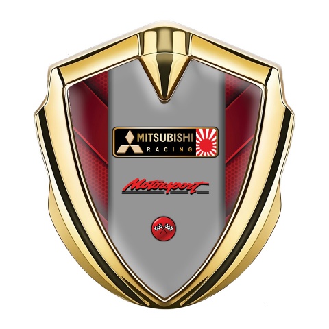 Mitsubishi Emblem Abzeichen Goldtonfarbe mit Rote Elemente und Grau Panel Logo