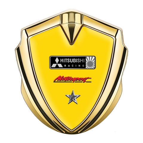 Mitsubishi Emblem Logo Schriftzug Aufkleber Goldtonfarbe mit Gelb Fundament und Stern Logo Motiv
