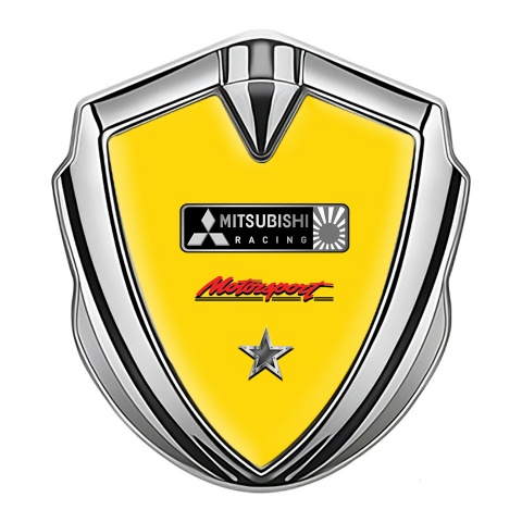 Mitsubishi Emblem Logo Schriftzug Aufkleber Silbertonfarbe mit Gelb Fundament und Stern Logo Motiv