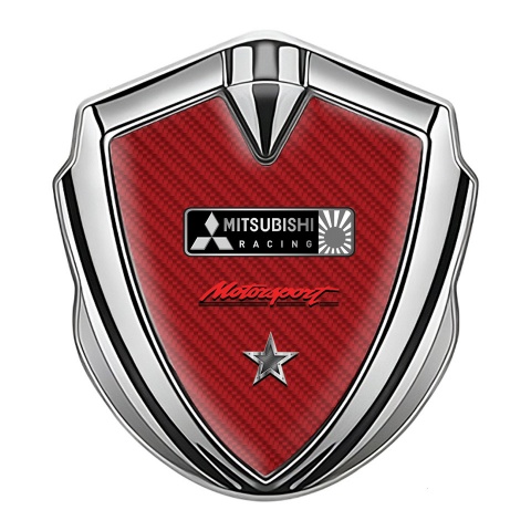 Mitsubishi Emblem Auto Zeichen Silbertonfarbe Rote Carbon Basis und Stern Logo Motiv
