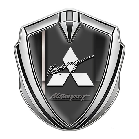 Mitsubishi Emblem Logo Schriftzug Aufkleber Silbertonfarbe Schwarz Basis mit Grau Band und Weiss Logo