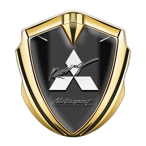 Mitsubishi Emblem Abzeichen selbstklebend Goldtonfarbe Schwarz Basis und Grafit Panel mit Weiss logo