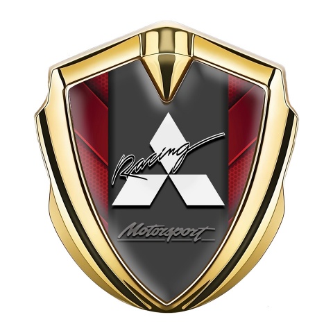 Mitsubishi Seitenflugel Emblem Aufkleber Goldtonfarbe Rote Elemente Hintergrund Mit Graphit Panel Weiss logo