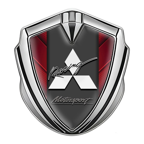 Mitsubishi Seitenflugel Emblem Aufkleber Silbertonfarbe Rote Elemente Hintergrund Mit Graphit Panel Weiss logo