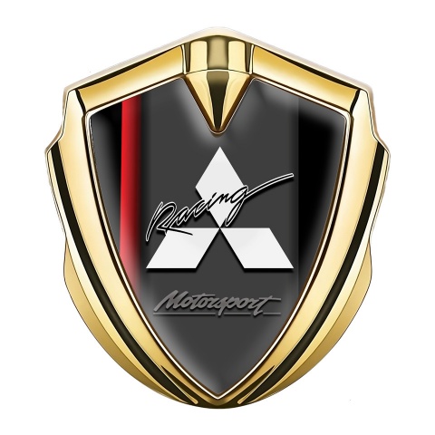Mitsubishi Selbstklebendes Metallaufkleber Emblem Goldtonfarbe Schwarz Basis mit Rote Linie und weiss Logo Racing Motiv