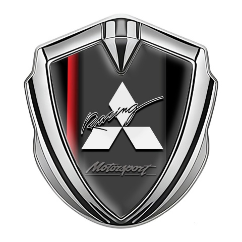 Mitsubishi Selbstklebendes Metallaufkleber Emblem Silbertonfarbe Schwarz Basis mit Rote Linie und weiss Logo Racing Motiv