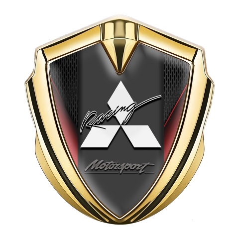Mitsubishi Emblem Logo Schriftzug Aufkleber Goldtonfarbe Schwarz Basis mit Rote Elemente und Weiss logo
