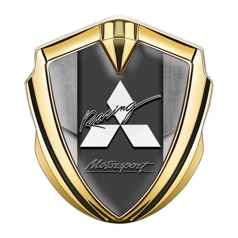 Mitsubishi Emblem Abzeichen Goldtonfarbe mit Grau Elemente Hintergrund und Weiss Logo
