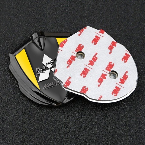 Mitsubishi Emblem Auto Zeichen Graphit Tonfarbe mit Gelb Hintergrund und Graphit Logo Panel