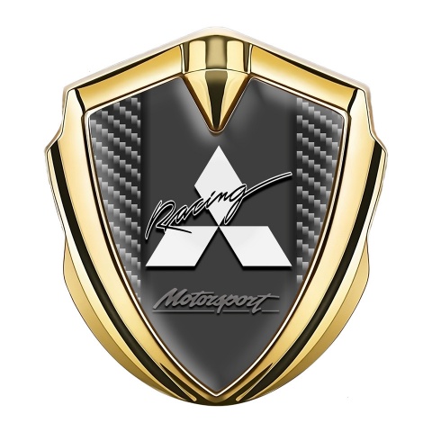 Mitsubishi Seitenflugel Emblem Aufkleber Goldtonfarbe Dunkles Carbon Basis und Graphit Racing Logo