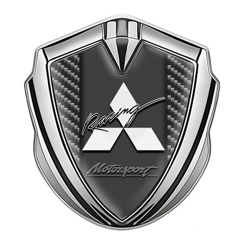 Mitsubishi Seitenflugel Emblem Aufkleber Silbertonfarbe Dunkles Carbon Basis und Graphit Racing Logo