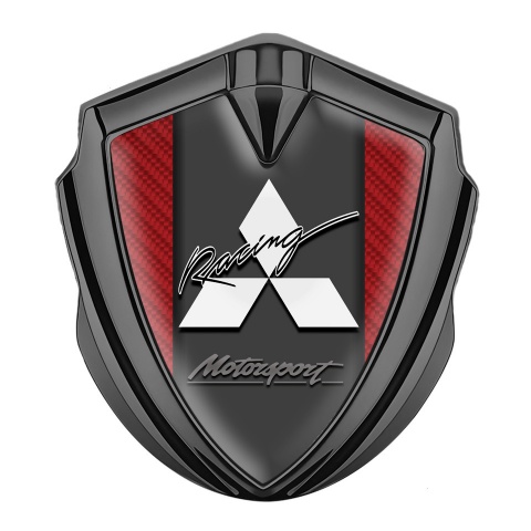 Mitsubishi Emblem Abzeichen selbstklebend Graphit Tonfarbe mit Rote Carbon Fundament und Weiss Logo