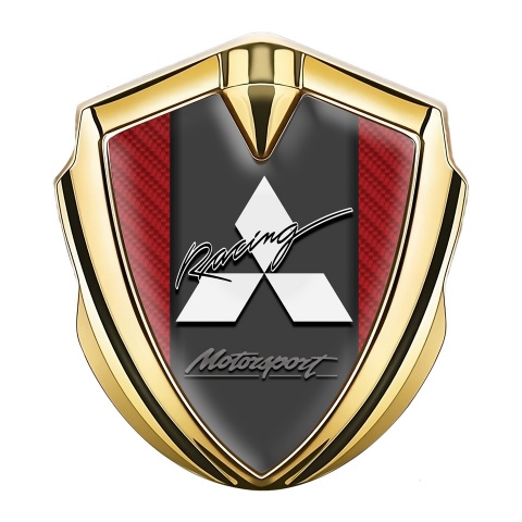 Mitsubishi Emblem Abzeichen selbstklebend Goldtonfarbe mit Rote Carbon Fundament und Weiss Logo