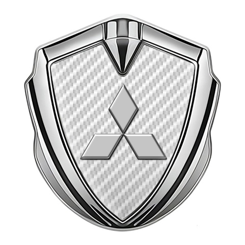Mitsubishi Emblem Logo Schriftzug Aufkleber Silbertonfarbe mit Weiss carbon Grau logo Stil