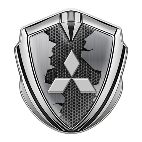 Mitsubishi Emblem Abzeichen selbstklebend Silbertonfarbe mit Zerrissenes Metall Effekt Design