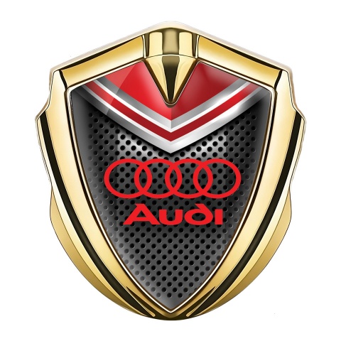 Audi Emblem Abzeichen Goldtonfarbe mit Roter Helm Auflage und Rote Logo