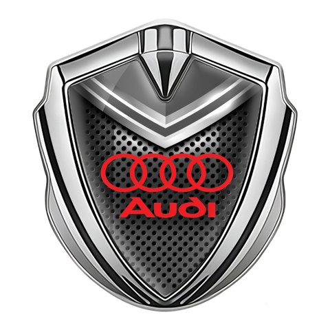 Audi Abzeichen selbstklebend Silbertonfarbe mit Grau Helm Effekt und Rote Logo