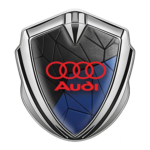 Audi Emblem Abzeichen selbstklebend Silbertonfarbe mit Schwarz Blau Mosaik Effekt und Rote Logo Stil