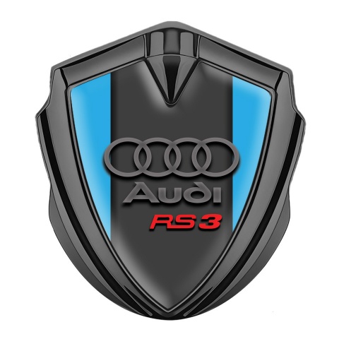 Audi RS3 Emblem Abzeichen selbstklebend Graphit Tonfarbe mit Blau Hintergrund 3D logo