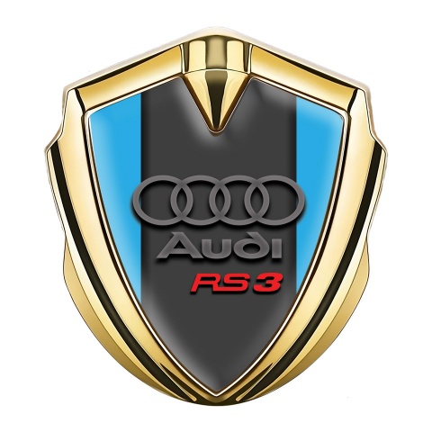 Audi RS3 Emblem Abzeichen selbstklebend Goldtonfarbe mit Blau Hintergrund 3D logo
