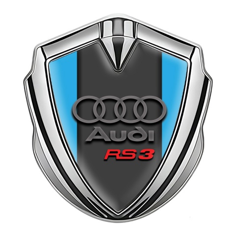 Audi RS3 Emblem Abzeichen selbstklebend Silbertonfarbe mit Blau Hintergrund 3D logo