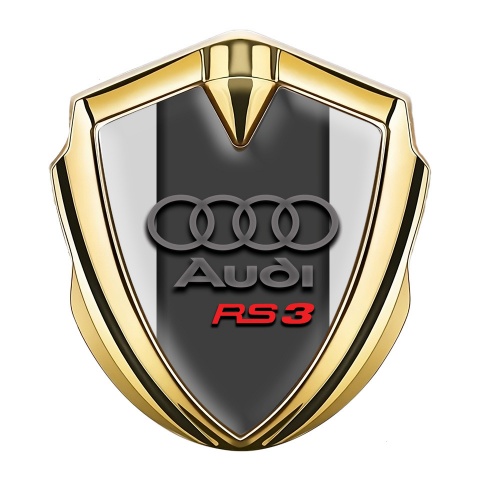 Audi RS3 Abzeichen selbstklebend Goldtonfarbe mit Grau Basis und Graphit Rote Logo Stil