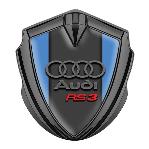Audi RS3 Emblem Abzeichen selbstklebend Graphit Tonfarbe mit Eisblau Hintergrund Design und Graphit Logo