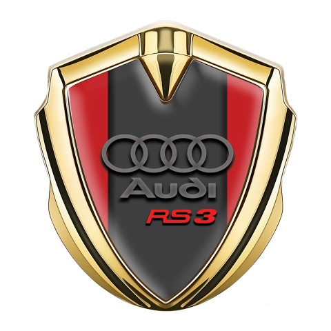 Audi RS3 Selbstklebendes Metallaufkleber Emblem Goldtonfarbe mit Rot Hintergrund und Graphit Logo