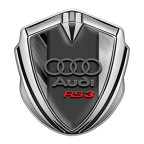 Audi RS3 Emblem Abzeichen Silbertonfarbe mit Polierte Fragmente Basis und Graphit Rot Logo