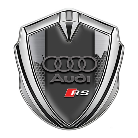 Audi RS Emblem Auto Zeichen Silbertonfarbe mit Zerbrochenes Metall Effekt und Sport Logo