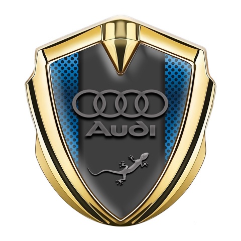 Audi Quattro Emblem Auto Zeichen Goldtonfarbe mit Blau Netzwerk Hintergrund Design und Eidechse Logo