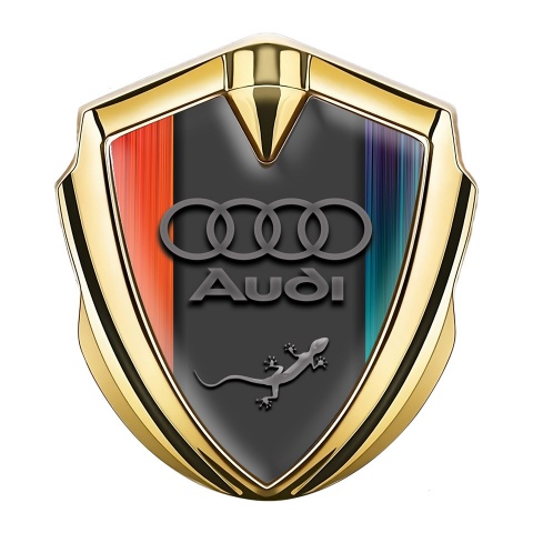 Audi Quattro Emblem Auto Zeichen Goldtonfarbe mit farbige Basishalften Design und Klassisch Logo
