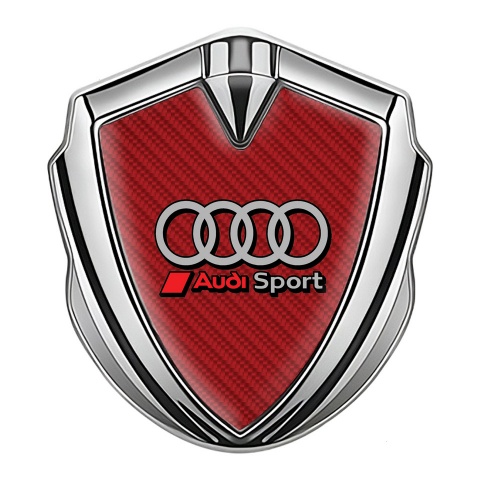 Audi Seitenflugel Emblem Aufkleber Silbertonfarbe mit Rote Carbon Hintergrund und Sport Logo