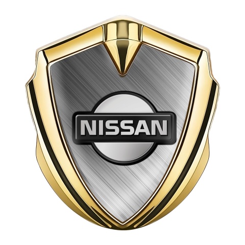 Nissan  Emblem Logo Schriftzug Aufkleber Goldtonfarbe Geburstetes Aluminium Basis mit Dunkles Logo