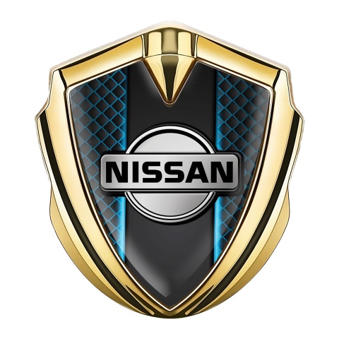 Nissan Selbstklebendes Metallaufkleber Emblem Goldtonfarbe mit Blau Neon Mesh Stil