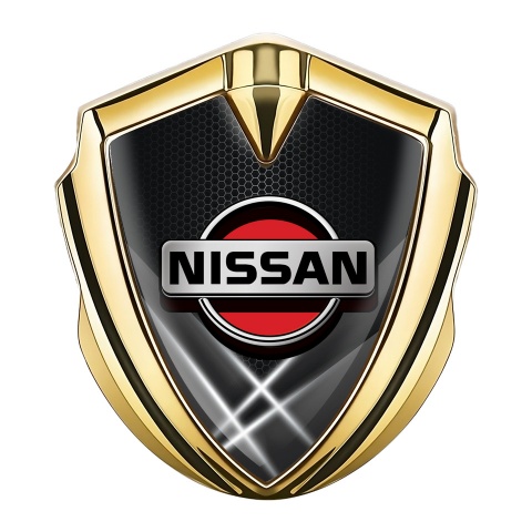 Nissan Seitenflugel Emblem Aufkleber Goldtonfarbe Dunkles Basis mit Weiss Lichter und Rote Logo Stil