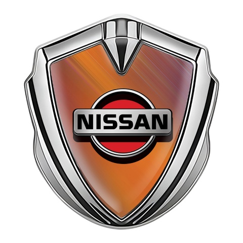 Nissan Emblem Aufkleber Autozubehor Silbertonfarbe Orange Hintergrund mit Rote Logo Motiv