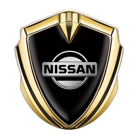 Nissan Selbstklebendes Metallaufkleber Emblem Goldtonfarbe Schwarz Fundament mit Grau Logo
